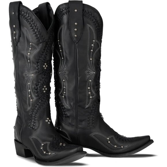 Shoes - Women's Black Leather Embroidery Knee High Western Cowgirl Boots Lightweight
